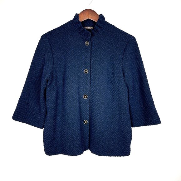 J McLaughlin Jacket Womens Medium Navy Black Button Up Texture 3/4 Sleeve Ruffle - Picture 1 of 8